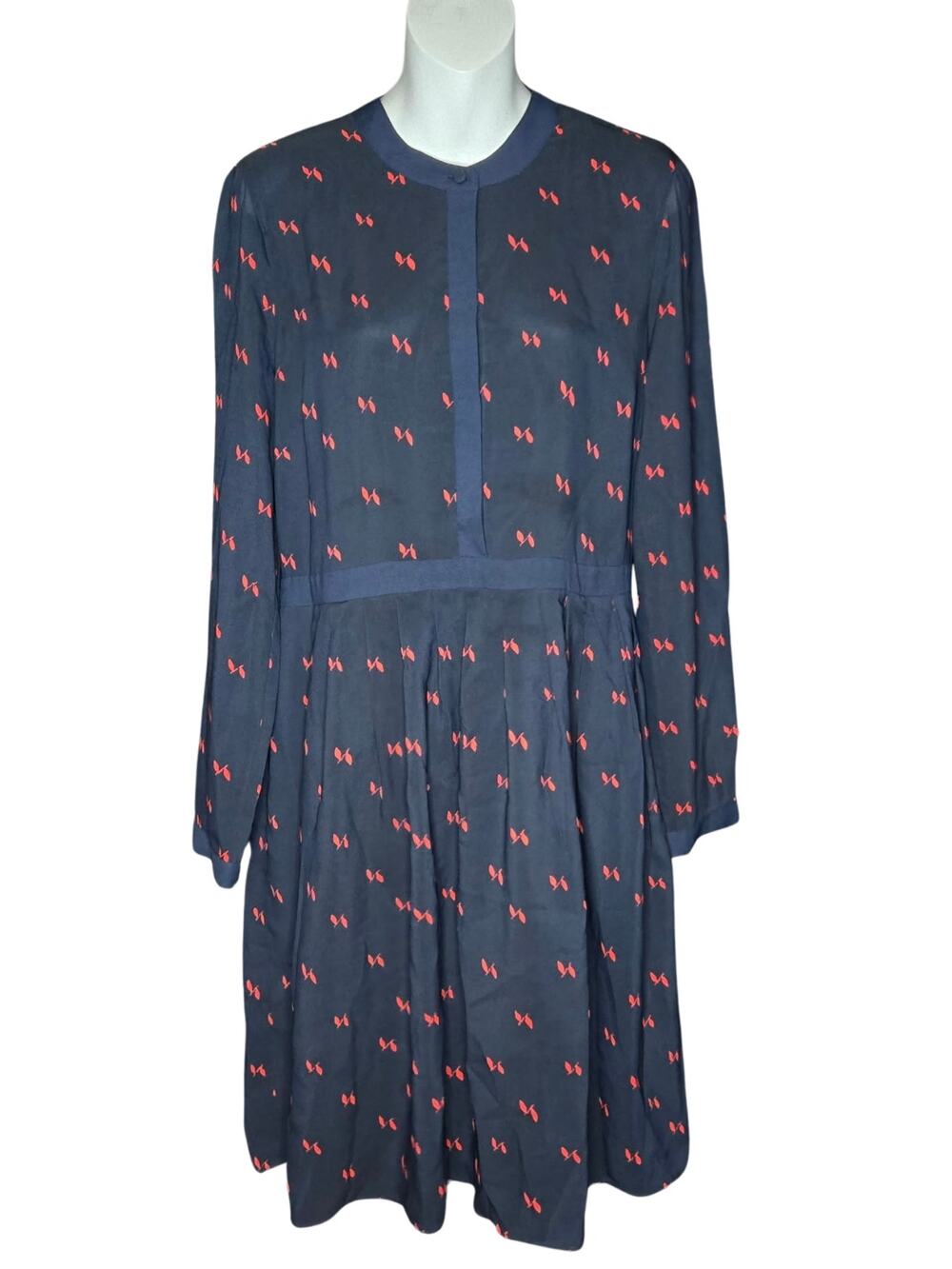 J.Crew Navy Red Bow Print Pleated Shirt Dress Long Sleeve Size 10 Vintage